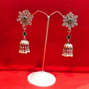 GREEN STONE STUDDED FLORAL JHUMKI