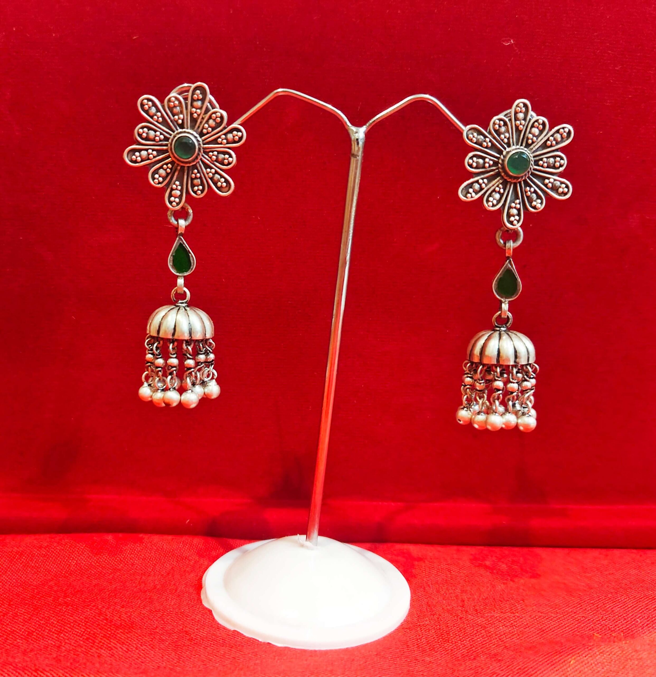 GREEN STONE STUDDED FLORAL JHUMKI